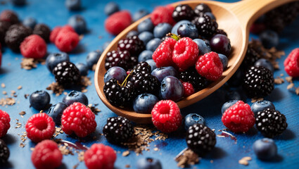 A wooden spoon holds a variety of berries including raspberries, blueberries, and blackberries - Powered by Adobe