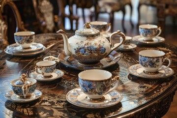Classic porcelain tea set with intricate blue designs displayed on a luxurious table