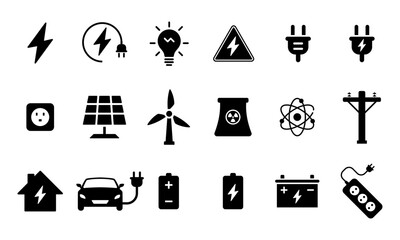 Collection of green energy icons. Icons for renewable energy, green technology. Flat style icon. Environmental sustainability simple symbol - stock vector. Electricity and power icon set. Electric car
