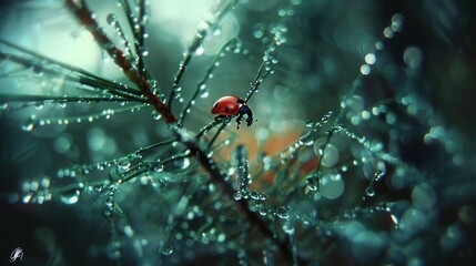   A red ladybug rests atop a leaf droplet-covered tree branch - Powered by Adobe