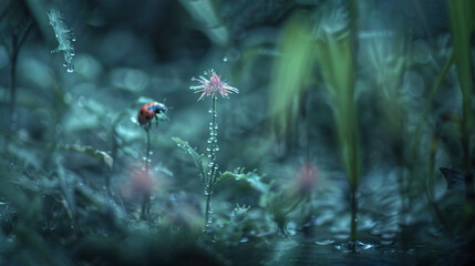   A sharp photo of a vibrant flower surrounded by lush green grass and glistening water droplets on its delicate petals