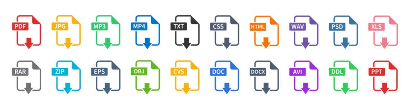 Symbol set file formats. Set of Document File Formats icons. File extensions diverse icons set isolated. Vector illustration.