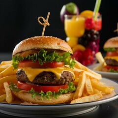 Plate with burger and fries with glass of juice in the background