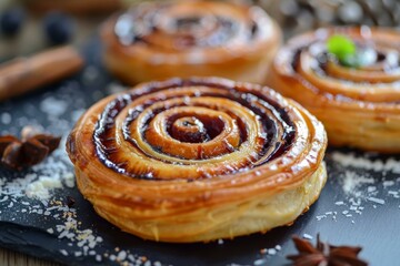 Fototapeta premium Closeup of cinnamon rolls with glaze, surrounded by blueberries and spices