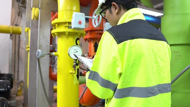 Engineer working at pipe room,Industrial technician worker maintenance power system at manufacturing industry plant room