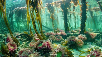   A cluster of sea urchins navigates through a vast expanse of water, surrounded by seaweed beneath - Powered by Adobe
