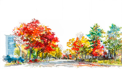 A collection of maple trees in the autumn, isolated on a white background, excellent for architectural design project.