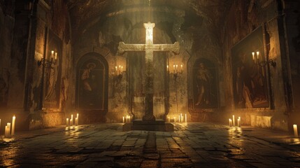 Ancient Cross in Dark Abandoned Cathedral
