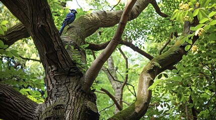   A bluebird perches on a leafy branch in a green forest