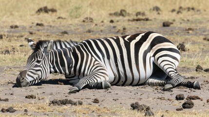 Obraz premium Plains zebra lowers head while laying on the ground