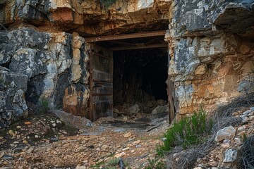 Rugged landscape showing a dilapidated entrance to an old mine, with weathered wooden door