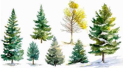 A collection of 7 different tree in the winter time, isolated on a white background, excellent for architectural design project.
