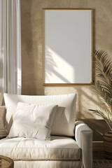 Frame mockup, ISO A paper size. Living room golden wall poster mockup. Interior mockup with house background. Modern interior design. 3D render