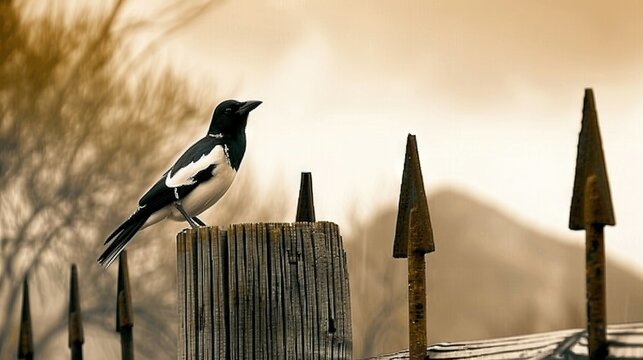   A monochrome avian perched atop a wooden pole beside a wooden railing, with a majestic mountain in the distance