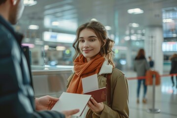 A young woman at the train station or in airport with a passport and ticket ready for her trip