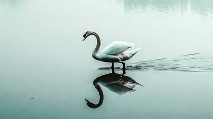 Obraz premium A swan stands in the water, its head submerged and reflected