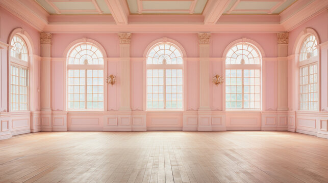large, empty, high-ceilinged room painted pink with arched windows