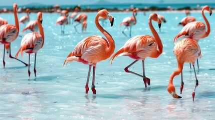   A group of flamingos standing in a pool with their legs in the water and feet out