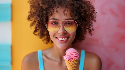 Cheerful young woman curly hair, wearing floral dress sunglasses, enjoying ice cream cone sunny day