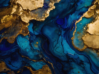 Rich deep blue and gold alcohol ink abstract, perfect for banners.