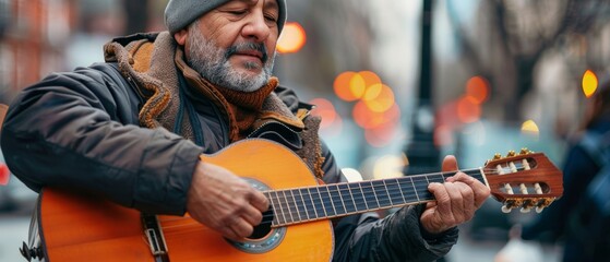 Obraz premium A street musician plays an acoustic guitar on a city sidewalk, surrounded by blurred lights and urban winter scenery.