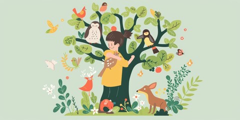 Fototapeta premium Boy Climbing Tree in Forest with Animals. Generative AI.