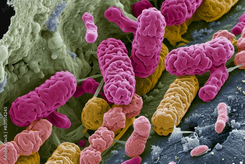 Poster scanning electron micrograph of bacteria, artificially colorized for visual differentiation