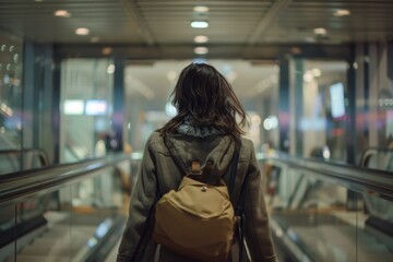 A young woman with backpack rides an escalator,contemporary transportation hub