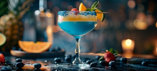Close up photography of Blue Lagoon Cocktail with dark background texture. Blue Lagoon Cocktail in restaurant postcard images texture banner horizontal.