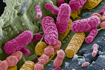 Scanning electron micrograph of bacteria, artificially colorized for visual differentiation