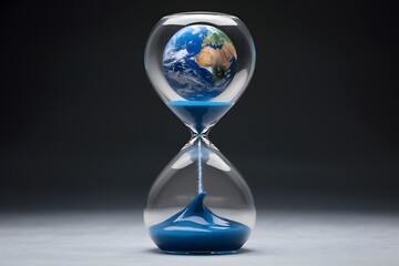 Earth themed hourglass with blue liquid sand flow creating wave shape, against dark background