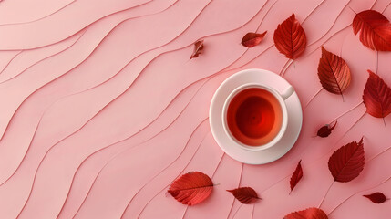 A minimalist composition with a cup of tea surrounded by delicate red leaves on a gentle pink wave background, offering a serene and refined aesthetic.
