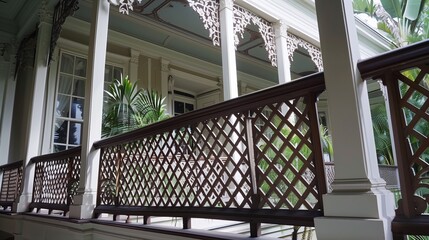 A Chippendale-style balustrade with intricate latticework adds charm and elegance to a grand colonial mansion.
