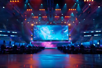 Blurred view of a dynamic esports competition stage with colorful lighting and audience seating