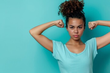 Assertive lady demonstrating strength on simple background with text room