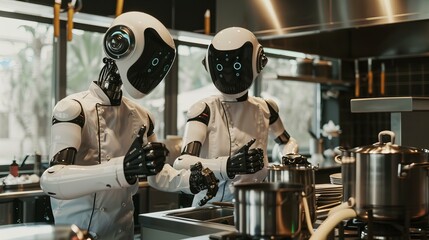 humanoid robots cooking in the restaurant kitchen, futuristic AI technology in meal preparation