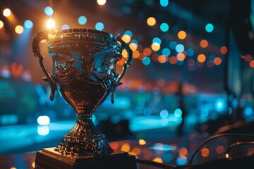 Glistening trophy cup takes center stage amid a backdrop of colorful bokeh lights