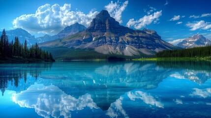 A serene mountain reflected perfectly in a blue lake