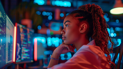 Obraz premium Focused Woman Programming on Computer in Neon Lit Room - technology, coding, digital, tech, work, modern, cyber, workspace 