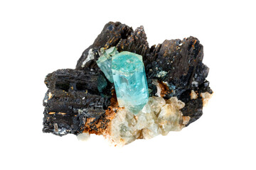Aquamarine mineral stone and black tourmaline, Schorl on a white background close up