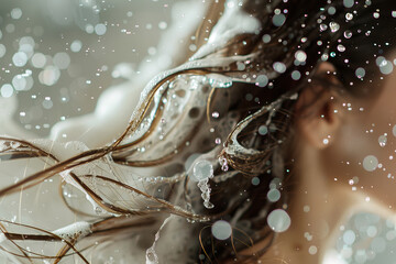 Foamy shampoo on wet hair with bubbles and water droplets.