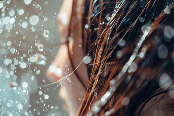 Close-up of wet hair with water droplets glistening.