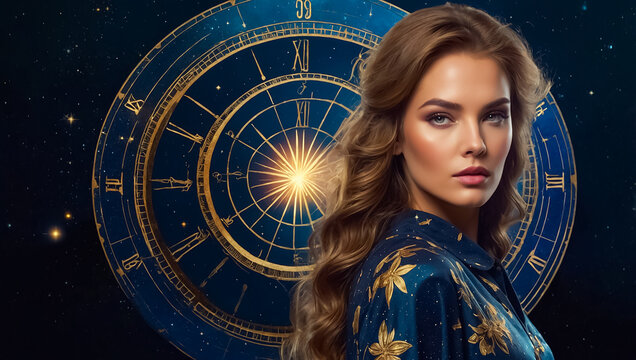 Beautiful woman astrology background, wheel cosmic