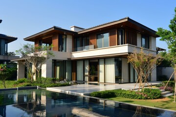 Fototapeta premium Stylish contemporary house with a swimming pool in a serene residential area