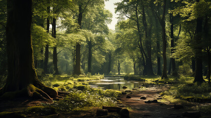 A dense forest with tall trees, green leaves, and a small stream running through the middle.

