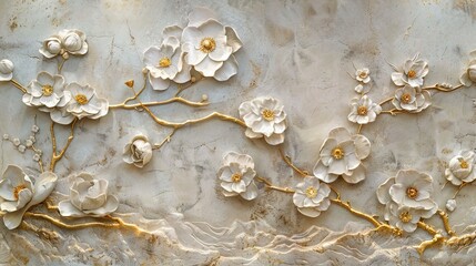 Volumetric Japanese patterns with gold elements and flowers.