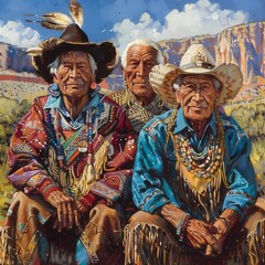 Three Diné Navajo Tribe Native American Men Painting Desert 