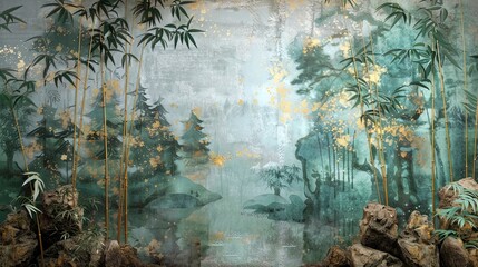 Volumetric Japanese landscape of a bamboo forest with golden elements and flowers.