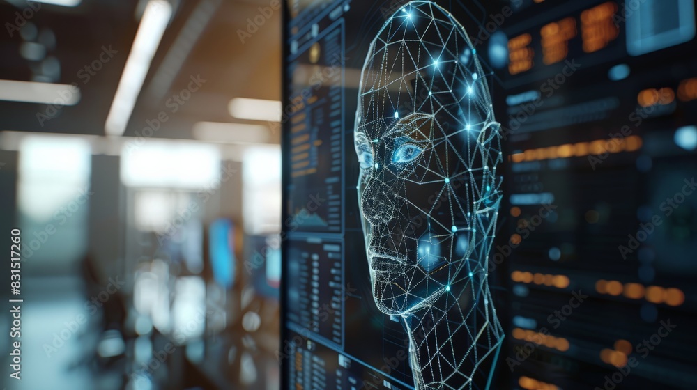 Poster artificial intelligence facial recognition technology displayed on a screen in a modern office setti