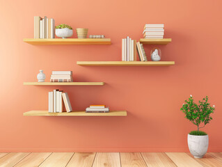 Shelves with books on a pale orange wall In a living room, modern interior.